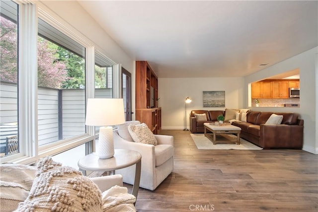 living area featuring wood finished floors and baseboards