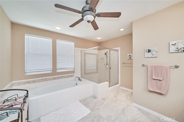 1961 W Snead St, La Habra, CA 90631 - bathroom with a bath, a stall shower, a ceiling fan, marble finish floors, and recessed lighting