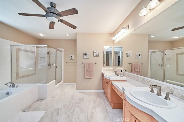 1961 W Snead St, La Habra, CA 90631 - full bath featuring a ceiling fan, double vanity, a shower stall, a bath, and recessed lighting