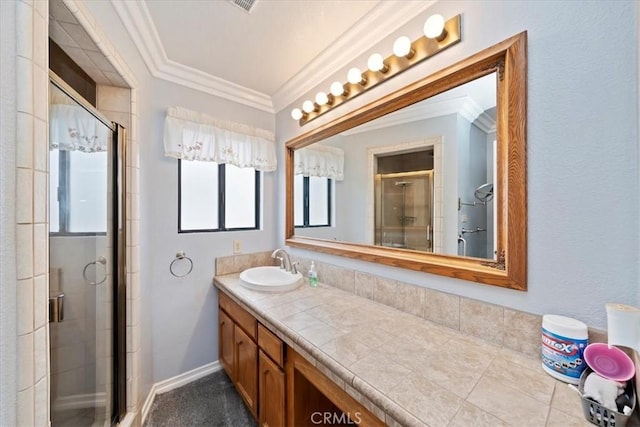 4423 N Sunflower Ave, Covina, CA 91724 - full bath with baseboards, ornamental molding, vanity, and a stall shower