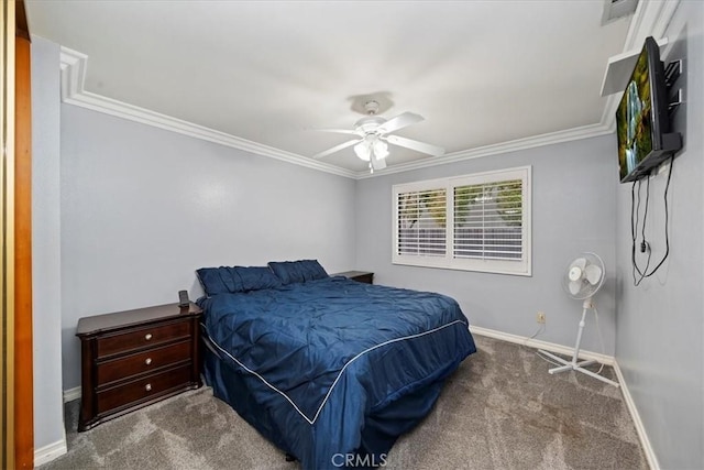 4423 N Sunflower Ave, Covina, CA 91724 - bedroom with carpet floors, a ceiling fan, baseboards, and ornamental molding