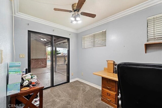 4423 N Sunflower Ave, Covina, CA 91724 - carpeted home office with a ceiling fan, baseboards, and ornamental molding