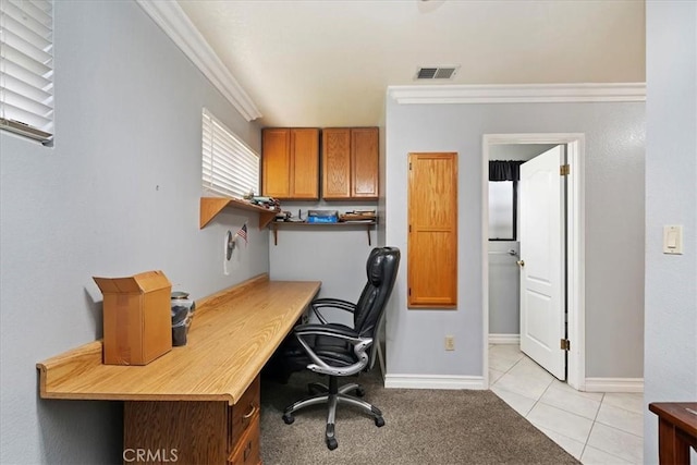 4423 N Sunflower Ave, Covina, CA 91724 - home office featuring baseboards, visible vents, light tile patterned floors, and crown molding