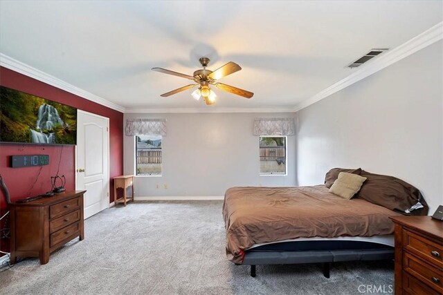 4423 N Sunflower Ave, Covina, CA 91724 - bedroom featuring visible vents, ornamental molding, baseboards, and light carpet