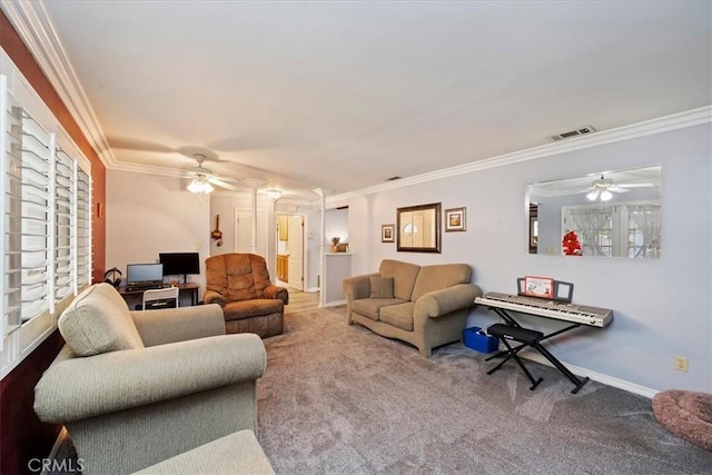4423 N Sunflower Ave, Covina, CA 91724 - carpeted living area with ceiling fan, baseboards, crown molding, and visible vents