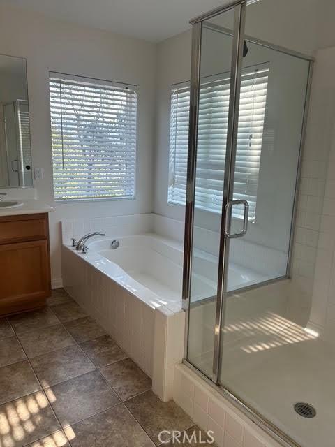 bathroom featuring a garden tub, vanity, and a shower stall