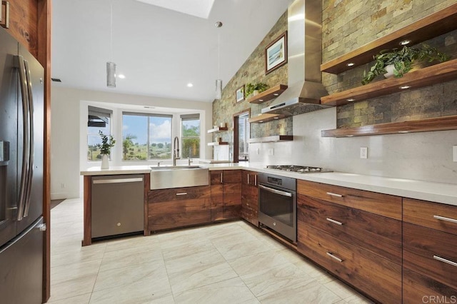 12502 Arboleda Vista Dr, Valley Center, CA 92082 - kitchen with open shelves, stainless steel appliances, a sink, modern cabinets, and wall chimney range hood