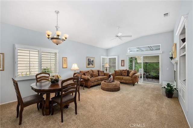 40310 Via Tonada, Murrieta, CA 92562 - living area with vaulted ceiling, carpet flooring, visible vents, and ceiling fan with notable chandelier