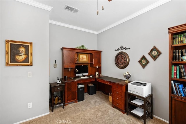 40310 Via Tonada, Murrieta, CA 92562 - home office with light carpet, baseboards, visible vents, and ornamental molding