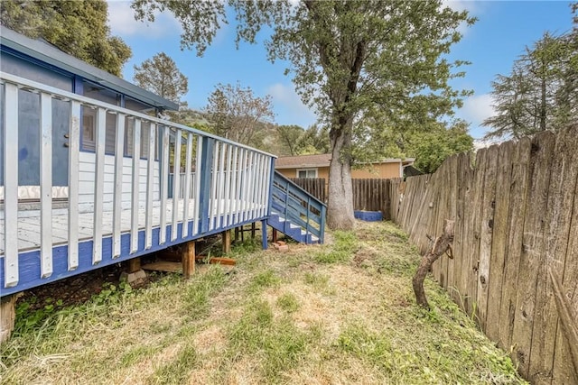 view of yard with a deck and a fenced backyard