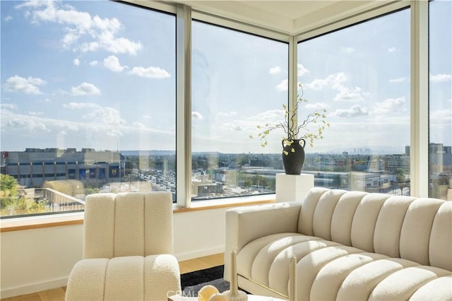interior space featuring a wealth of natural light, wood finished floors, a view of city, and baseboards