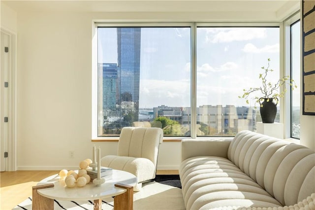 living area with wood finished floors, plenty of natural light, and a city view
