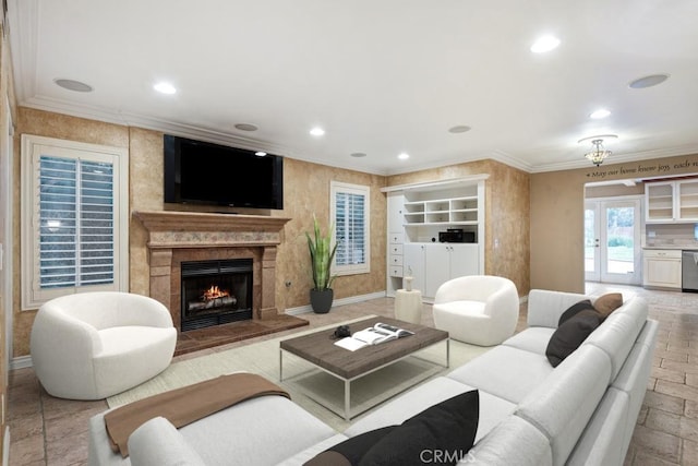 29827 Via Sevilla, Temecula, CA 92591 - living area with ornamental molding, baseboards, a warm lit fireplace, and recessed lighting