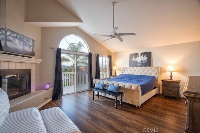 31384 Corte Tunas, Temecula, CA 92592 - bedroom with access to outside, vaulted ceiling, wood finished floors, a tile fireplace, and a ceiling fan