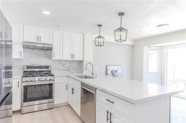 kitchen with a sink, stainless steel appliances, white cabinetry, a peninsula, and under cabinet range hood