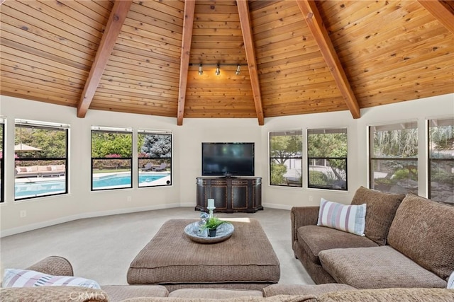 650 Crimson Ct, Chico, CA 95973 - carpeted living area with beamed ceiling, baseboards, wooden ceiling, and high vaulted ceiling
