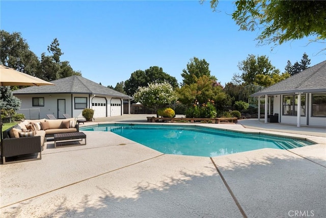 outdoor pool with fence, an outdoor living space, and a patio