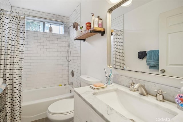 bathroom with toilet, vanity, and shower / bath combination with curtain