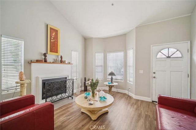 living room featuring a fireplace with flush hearth, baseboards, a healthy amount of sunlight, and wood finished floors