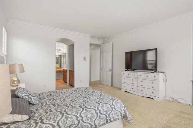 1450 Oakpoint Ave, Chula Vista, CA 91913 - bedroom with arched walkways, carpet floors, crown molding, and ensuite bath