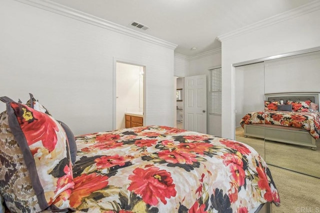 1450 Oakpoint Ave, Chula Vista, CA 91913 - carpeted bedroom with a closet, ornamental molding, and ensuite bath