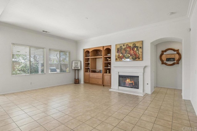 1450 Oakpoint Ave, Chula Vista, CA 91913 - unfurnished living room featuring ornamental molding, built in features, a glass covered fireplace, and light tile patterned floors