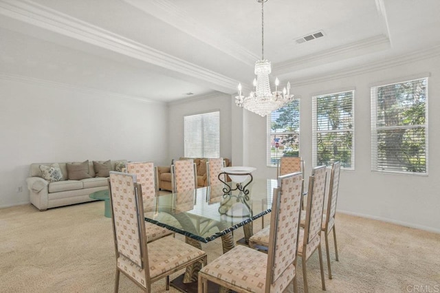 1450 Oakpoint Ave, Chula Vista, CA 91913 - dining space with light carpet, ornamental molding, a chandelier, and a raised ceiling