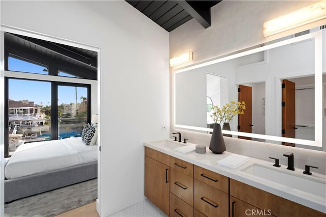4017 Channel Pl, Newport Beach, CA 92663 - full bathroom featuring a sink, double vanity, wood ceiling, and vaulted ceiling with beams