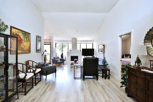 living area featuring high vaulted ceiling, a fireplace, and light wood-style flooring