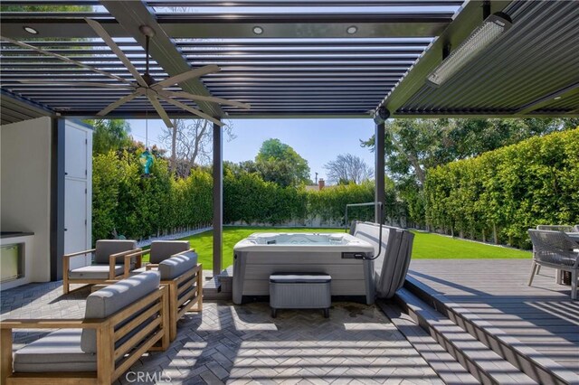 1852 6th St, Manhattan Beach, CA 90266 - view of patio featuring a hot tub, a wooden deck, an outdoor hangout area, and fence