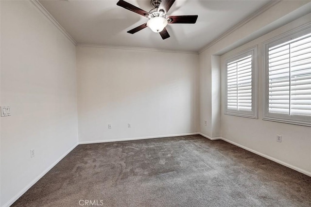 spare room featuring a ceiling fan, baseboards, carpet, and ornamental molding