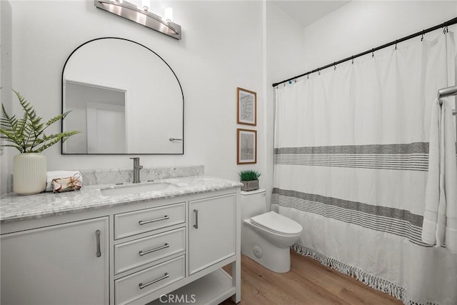 bathroom with toilet, vanity, and wood finished floors