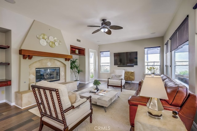 44 Water Lily Way, Coto De Caza, CA 92679 - living area with ceiling fan, baseboards, dark wood-type flooring, and plenty of natural light