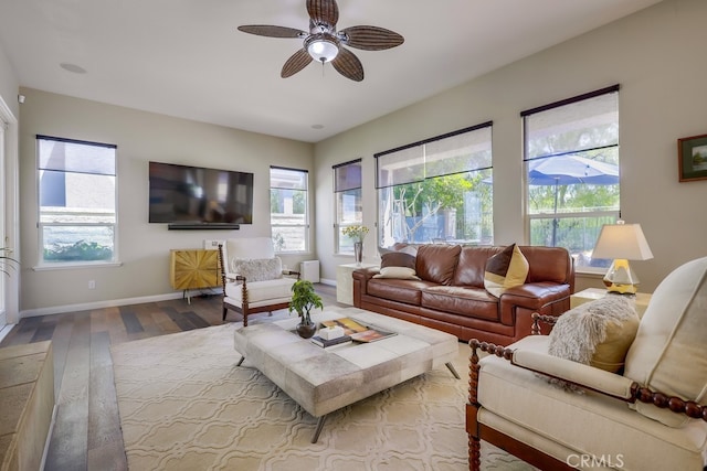 44 Water Lily Way, Coto De Caza, CA 92679 - living room featuring a ceiling fan, wood finished floors, and plenty of natural light