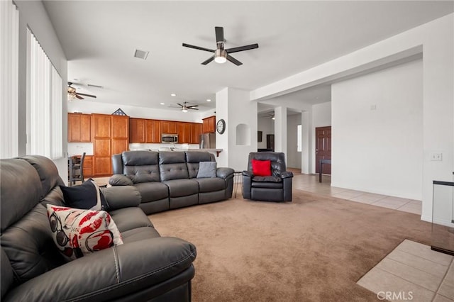 7625 Pinon Dr, Yucca Valley, CA 92284 - living area with a ceiling fan and light carpet