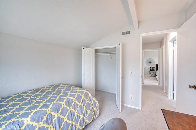 22911 Via Santiago, Mission Viejo, CA 92691 - bedroom featuring lofted ceiling with beams, a closet, visible vents, and carpet flooring