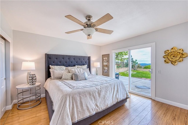 22911 Via Santiago, Mission Viejo, CA 92691 - bedroom with baseboards, access to outside, light wood-style floors, and ceiling fan