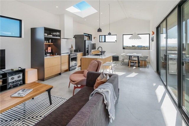 3170 Wesley Rd, Joshua Tree, CA 92252 - living area with a skylight, concrete flooring, and high vaulted ceiling
