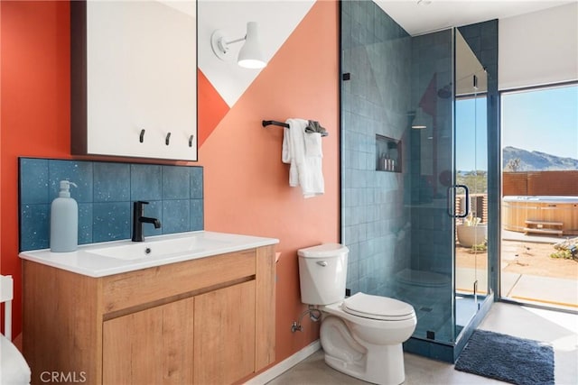 3170 Wesley Rd, Joshua Tree, CA 92252 - bathroom with toilet, a shower stall, vanity, and backsplash