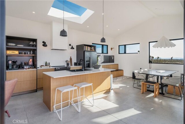 3170 Wesley Rd, Joshua Tree, CA 92252 - kitchen featuring modern cabinets, a skylight, a sink, a center island with sink, and light countertops