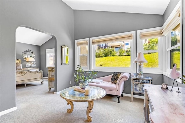 9 Gema, San Clemente, CA 92672 - living area featuring vaulted ceiling, carpet floors, baseboards, and arched walkways