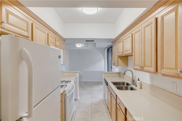 7211 Cozycroft Ave Unit 19, Winnetka, CA 91306 - kitchen featuring white appliances, a sink, light brown cabinets, light countertops, and a ceiling fan