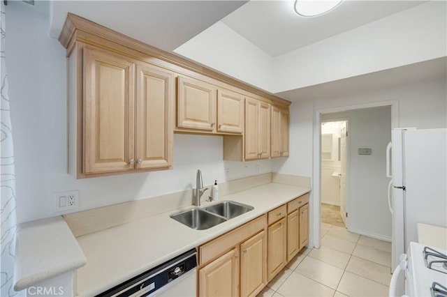 7211 Cozycroft Ave Unit 19, Winnetka, CA 91306 - kitchen with white appliances, light brown cabinetry, a sink, and light tile patterned flooring
