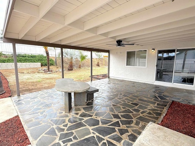 view of patio / terrace featuring fence and ceiling fan