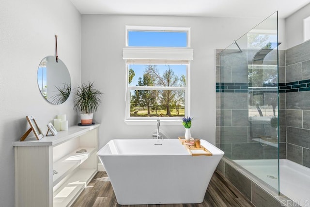 2815 Miller Valley Rd, Pine Valley, CA 91962 - bathroom with wood finished floors, a tile shower, and a freestanding tub