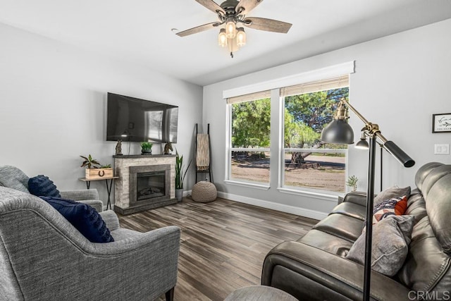 2815 Miller Valley Rd, Pine Valley, CA 91962 - living area featuring ceiling fan, baseboards, a fireplace, and wood finished floors
