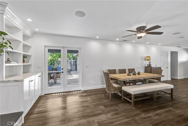 dining room featuring ceiling fan, baseboards, dark wood-style floors, and recessed lighting