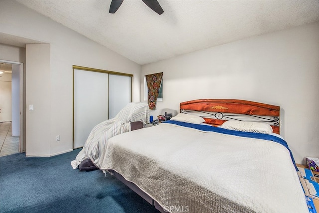 916 Award Dr, Colton, CA 92324 - bedroom with carpet floors, a closet, vaulted ceiling, and a ceiling fan