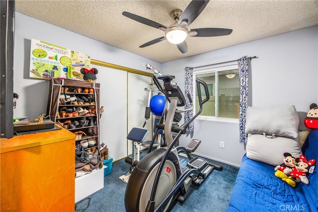 916 Award Dr, Colton, CA 92324 - workout area featuring a ceiling fan, carpet, and a textured ceiling