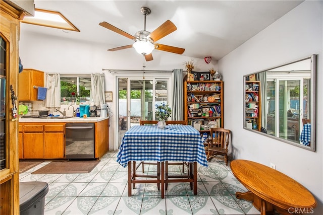 916 Award Dr, Colton, CA 92324 - dining space featuring ceiling fan, light tile patterned floors, and lofted ceiling
